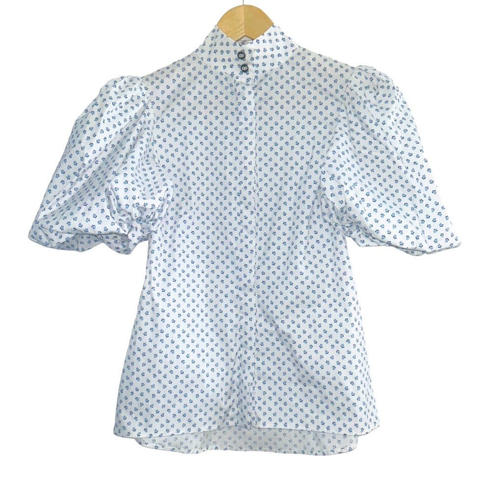Caroline Constas White and Blue Puff Sleeve Top